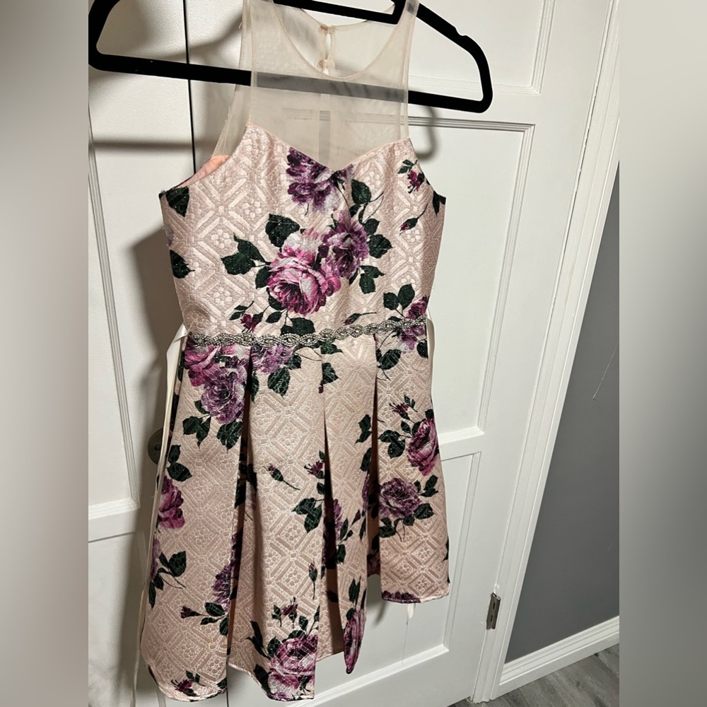 Rare Editions pink sparkly dress with crystal belt and purple flowers SIZE 12